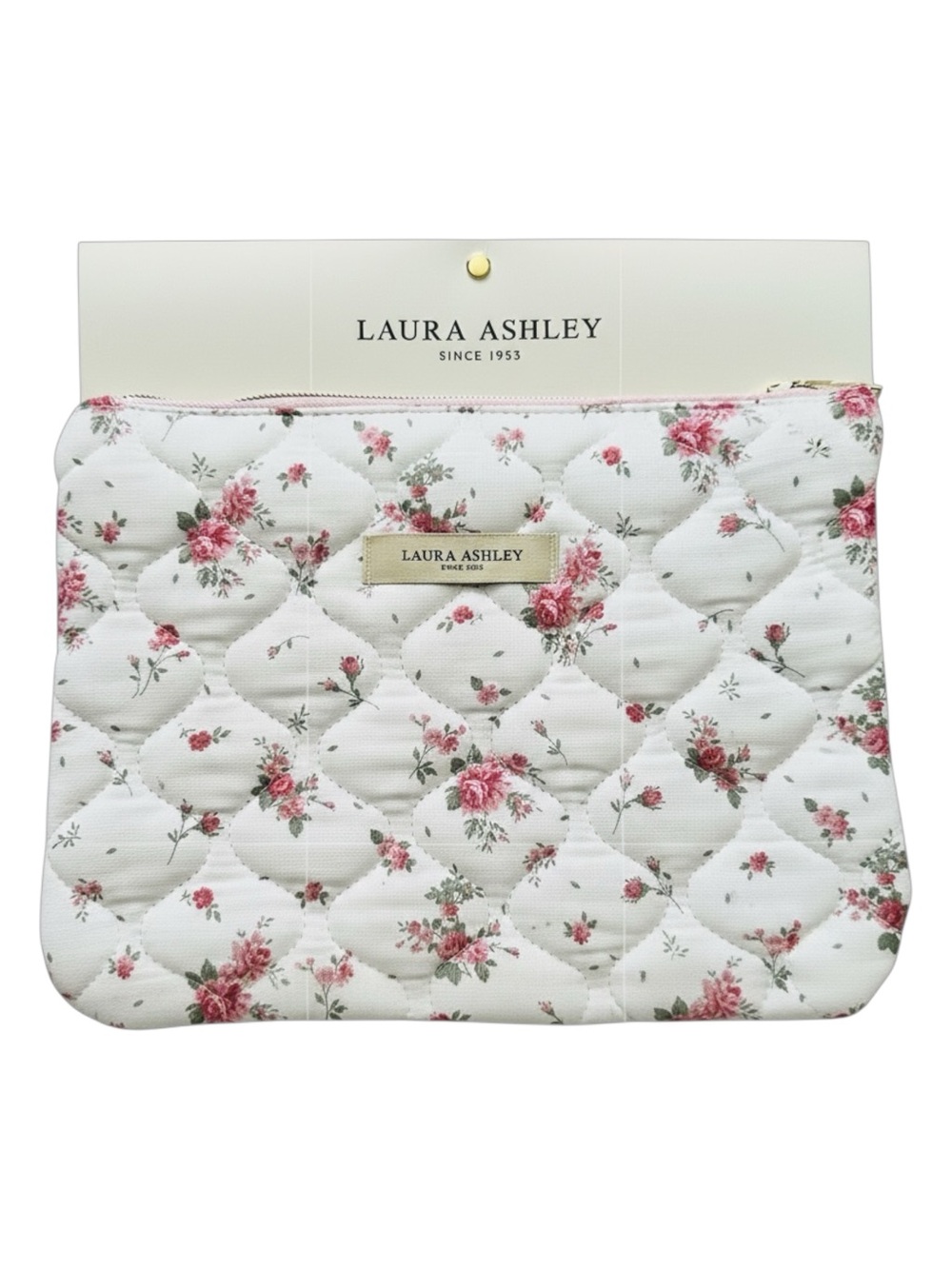 LAURA ASHLEY “Cora” Floral Quilted Zip Pouch with Pink Striped Lining - NEW